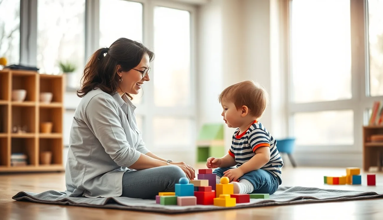 Speech therapist and toddler playing with blocks during early intervention session