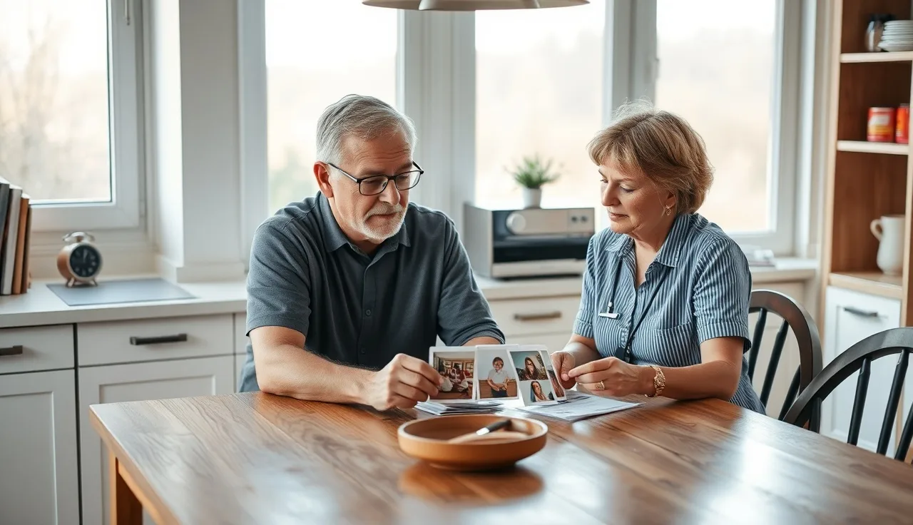 Adult man in speech therapy session practicing motor speech with a therapist at a kitchen table