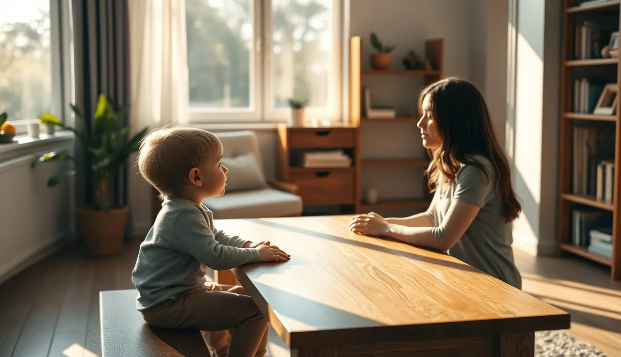 Young child and speech therapist practicing mouth movements at a therapy table