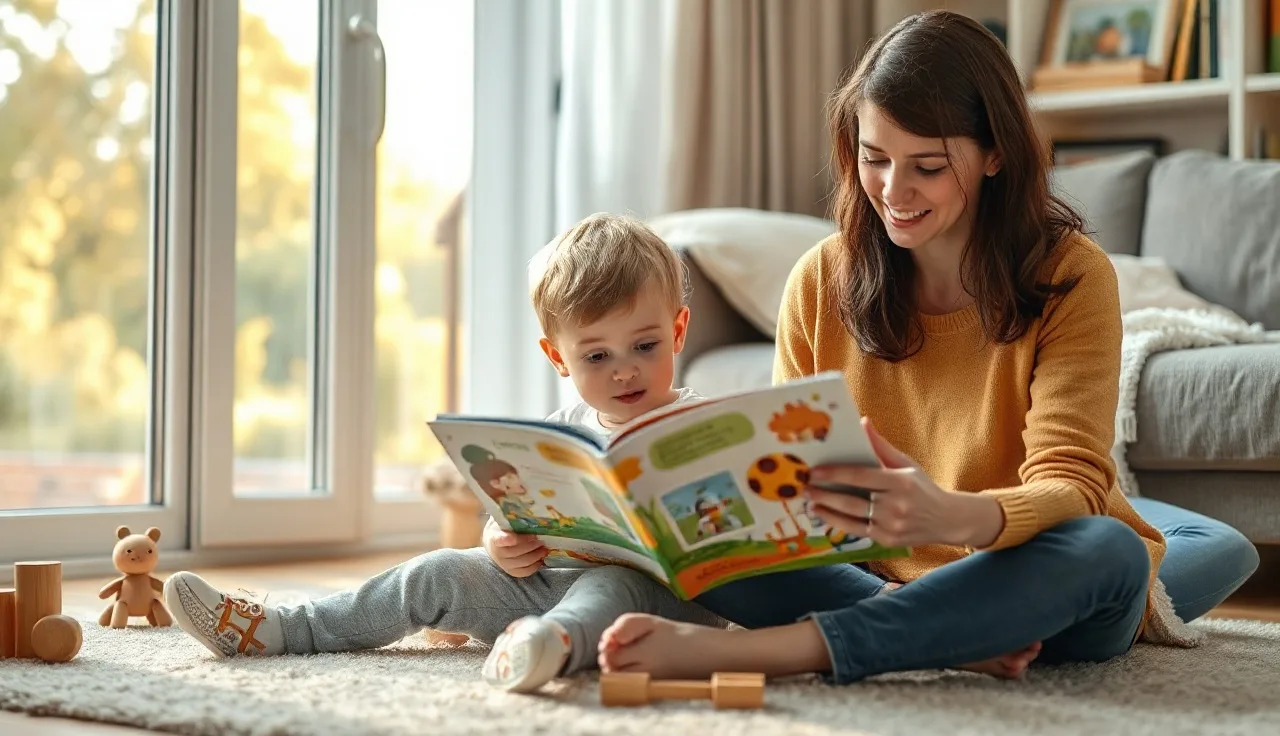 Child and speech therapist looking at a book together during a home therapy session