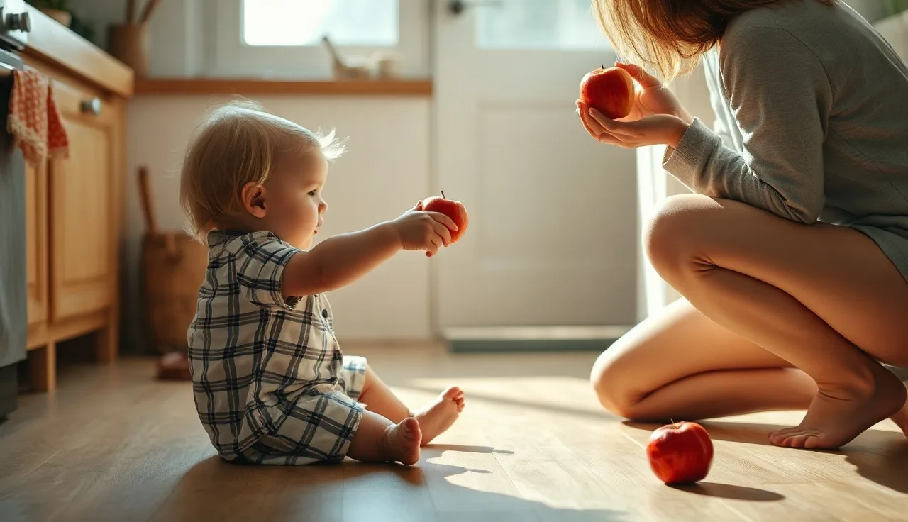 Toddler pointing at an apple held by a parent, illustrating early speech milestone of declarative pointing