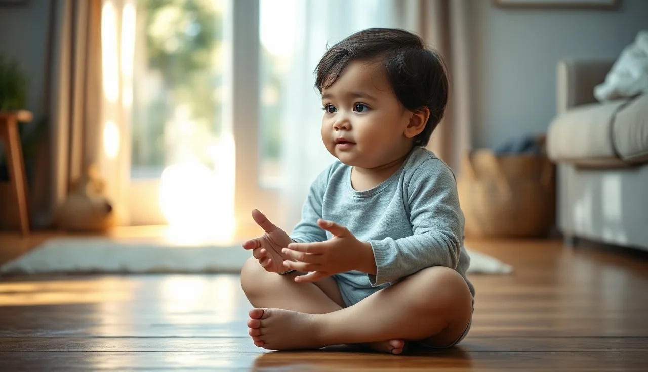 Young child speaking with open hands in a sunlit home, mid-conversation