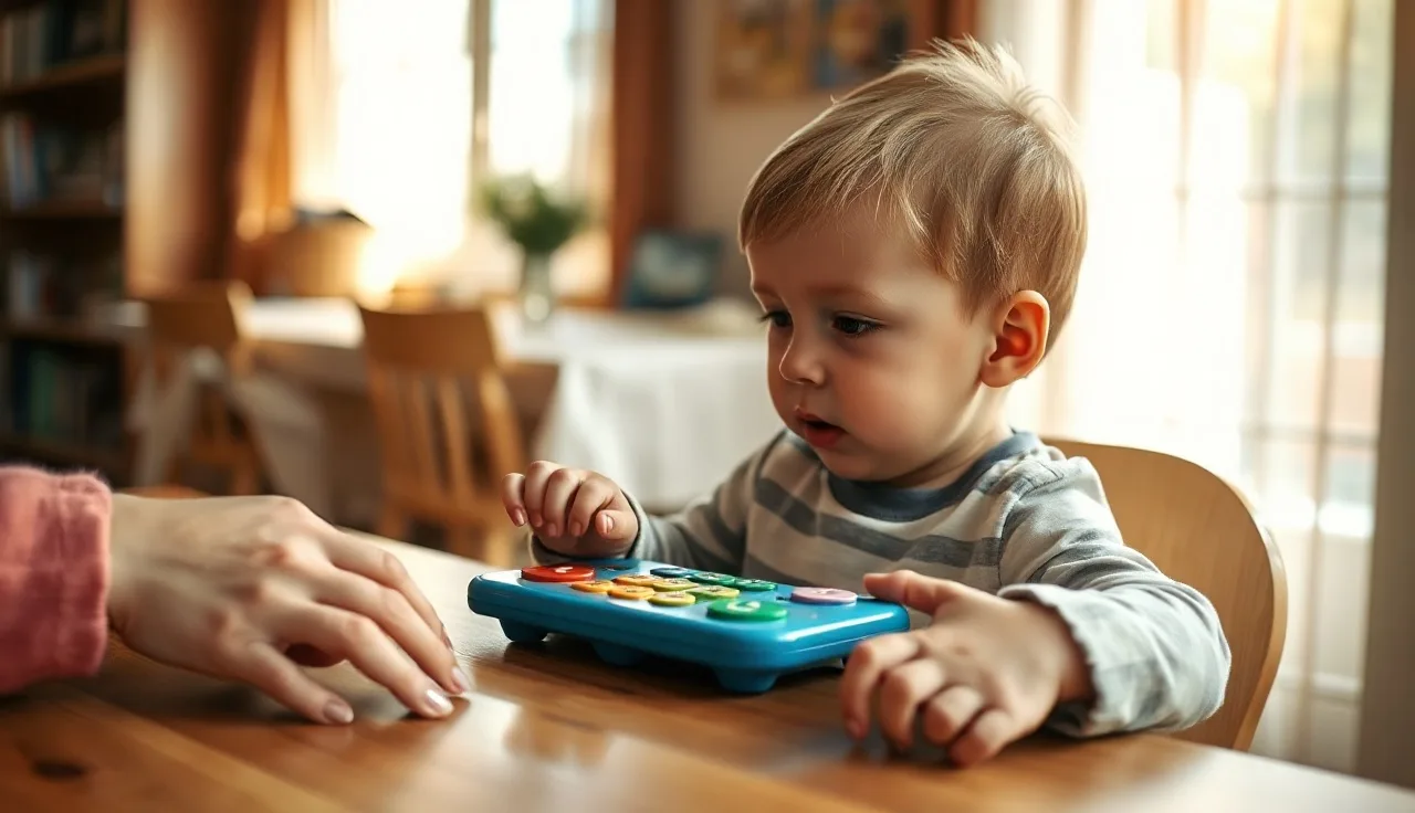 Young autistic child using a communication device at a home table with adult nearby