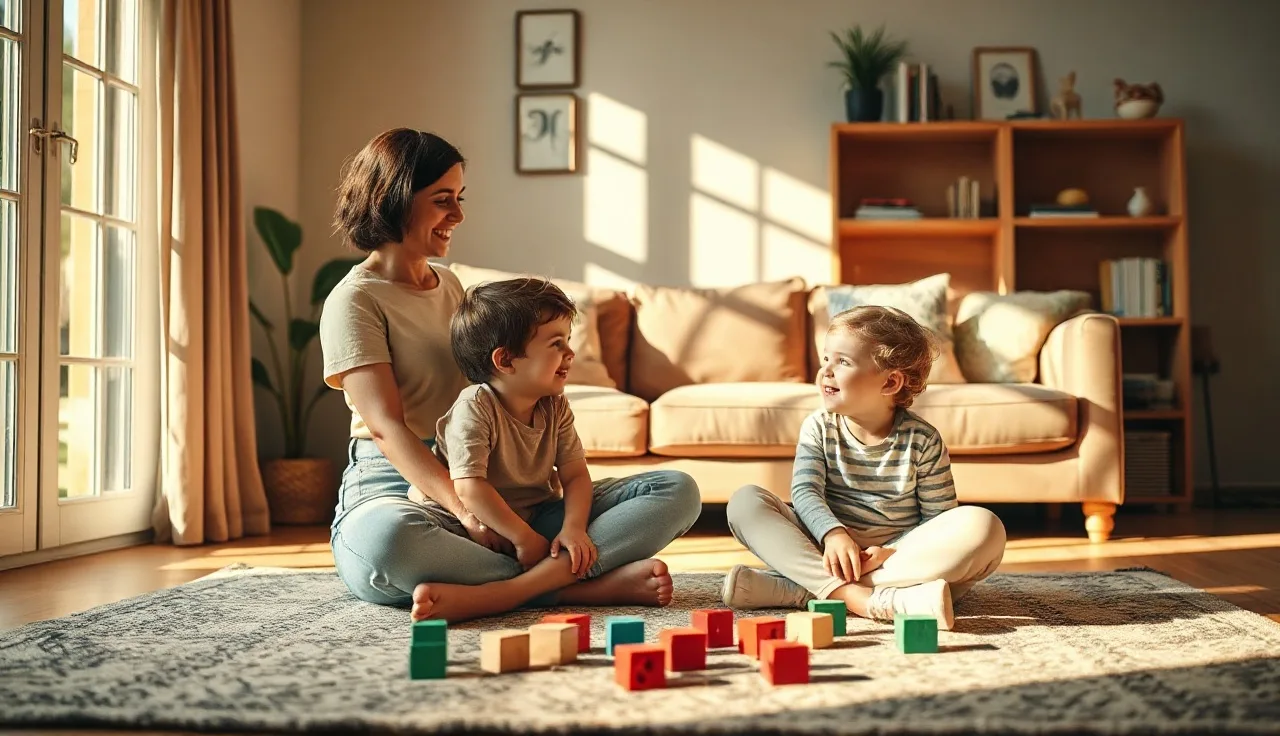 Parent and toddler practicing speech together on a living room rug