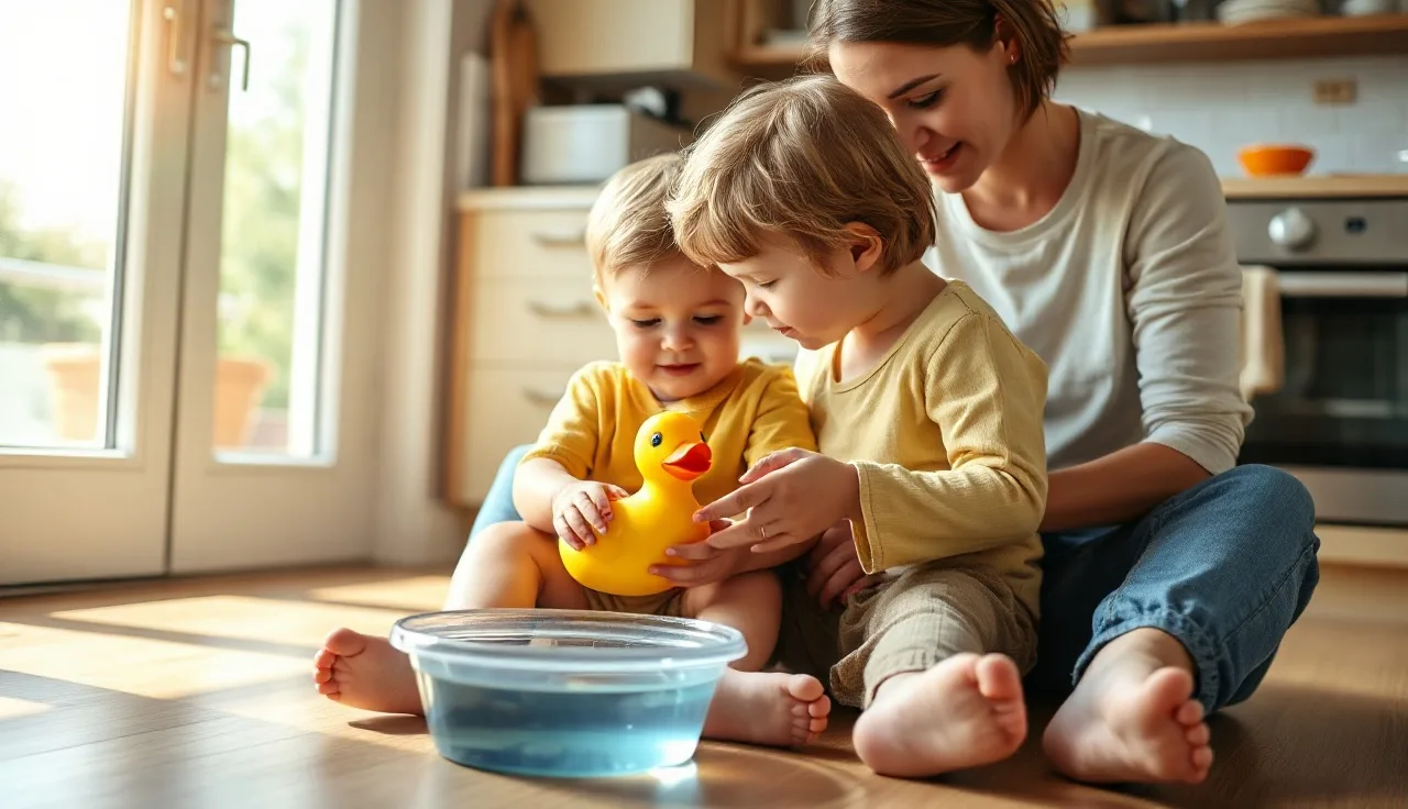 Mother and toddler doing water play on kitchen floor during home speech practice