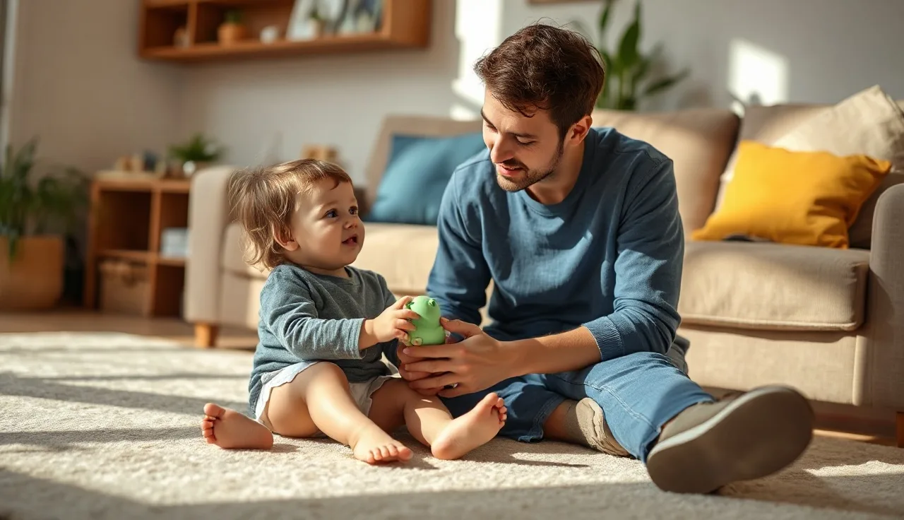 Parent and toddler practicing communication together during at-home speech therapy session
