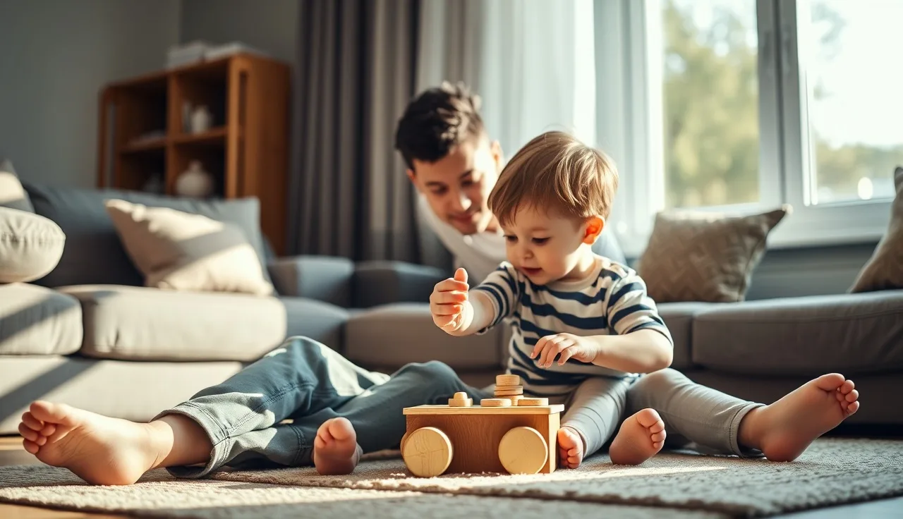 Parent and toddler practicing speech interaction together on a living room floor