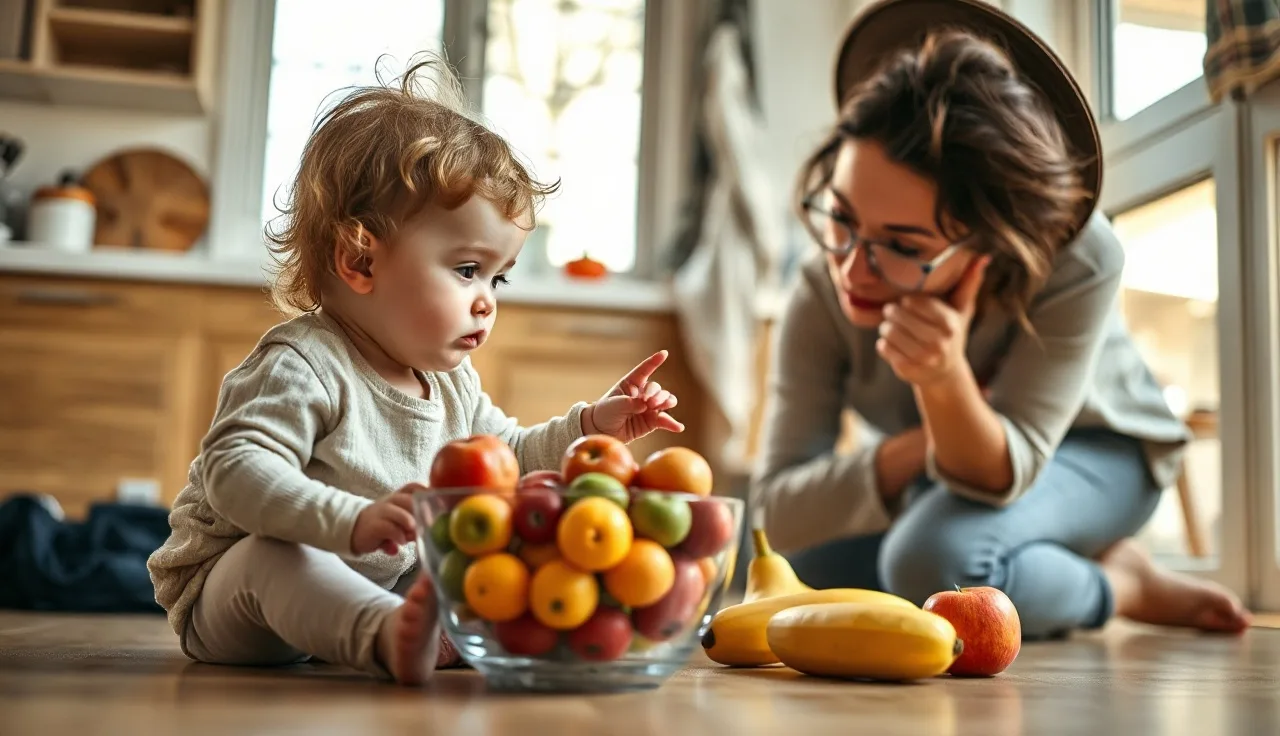 Toddler pointing at fruit bowl while parent listens, supporting early talking
