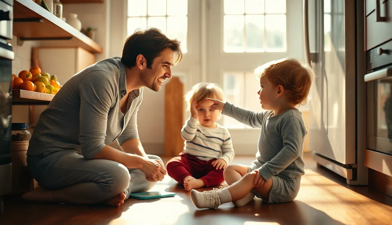 Toddler pointing at fruit bowl while parent listens attentively on kitchen floor