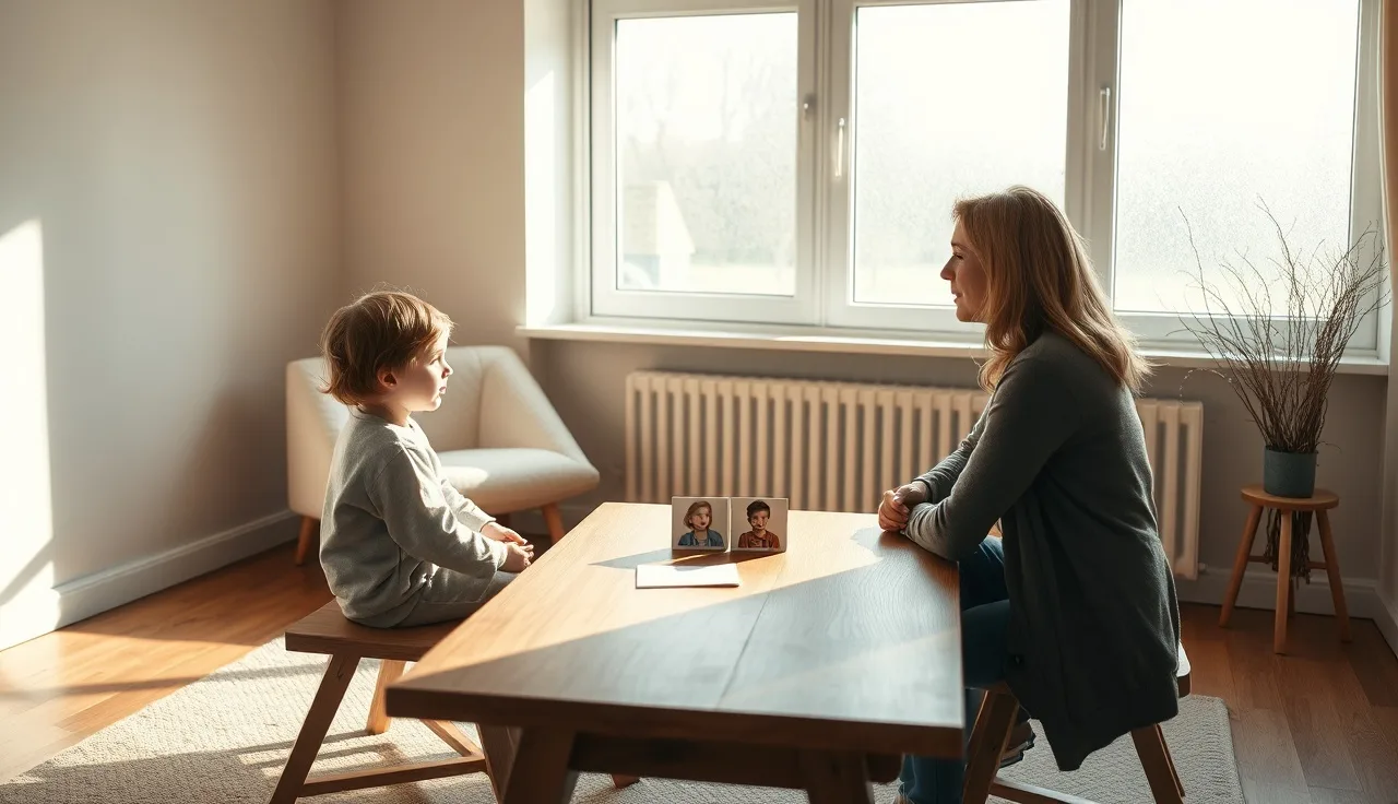 Child and therapist working with picture cards during a language evaluation session
