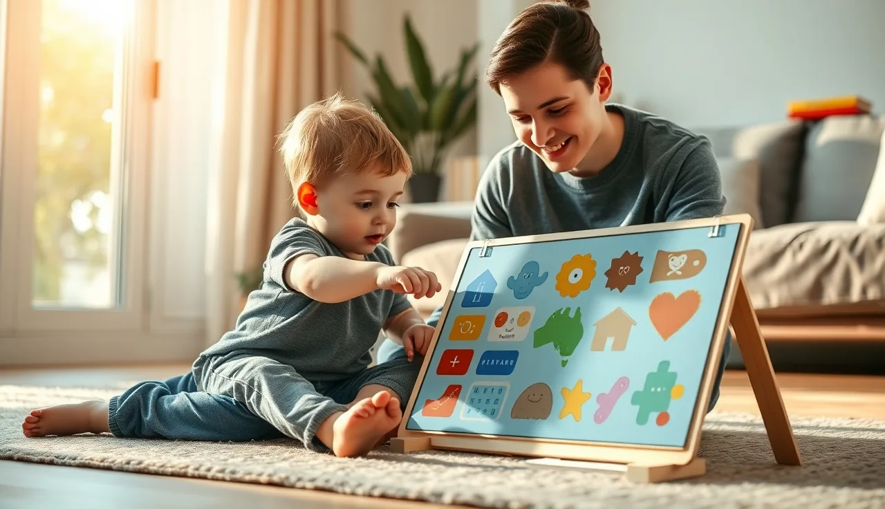 Child and parent using a picture communication board together on a living room floor