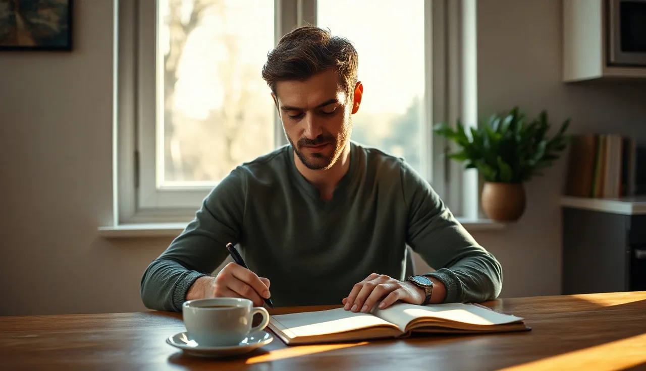 Adult man writing at a kitchen table, morning light, calm focused expression