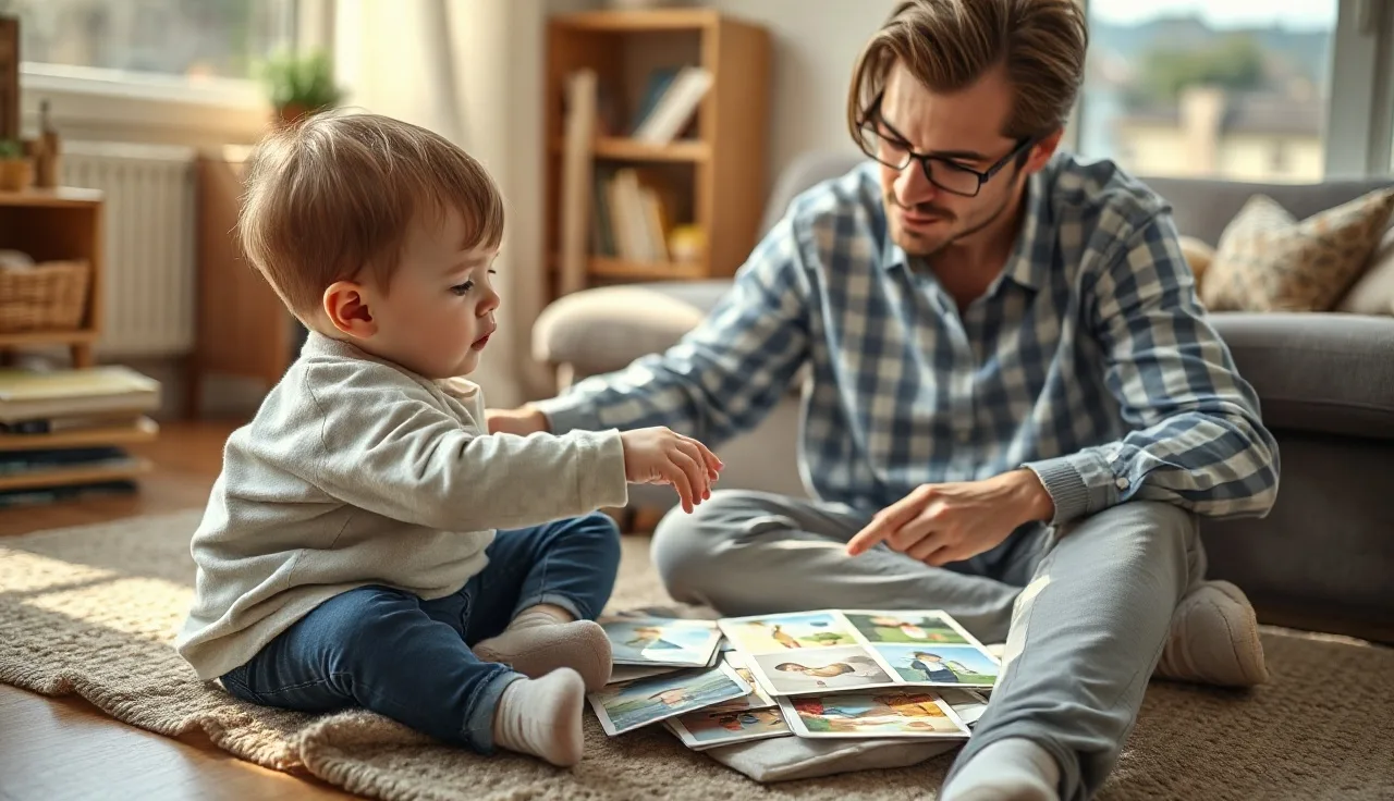 Parent and young autistic child practicing picture communication cards on living room floor