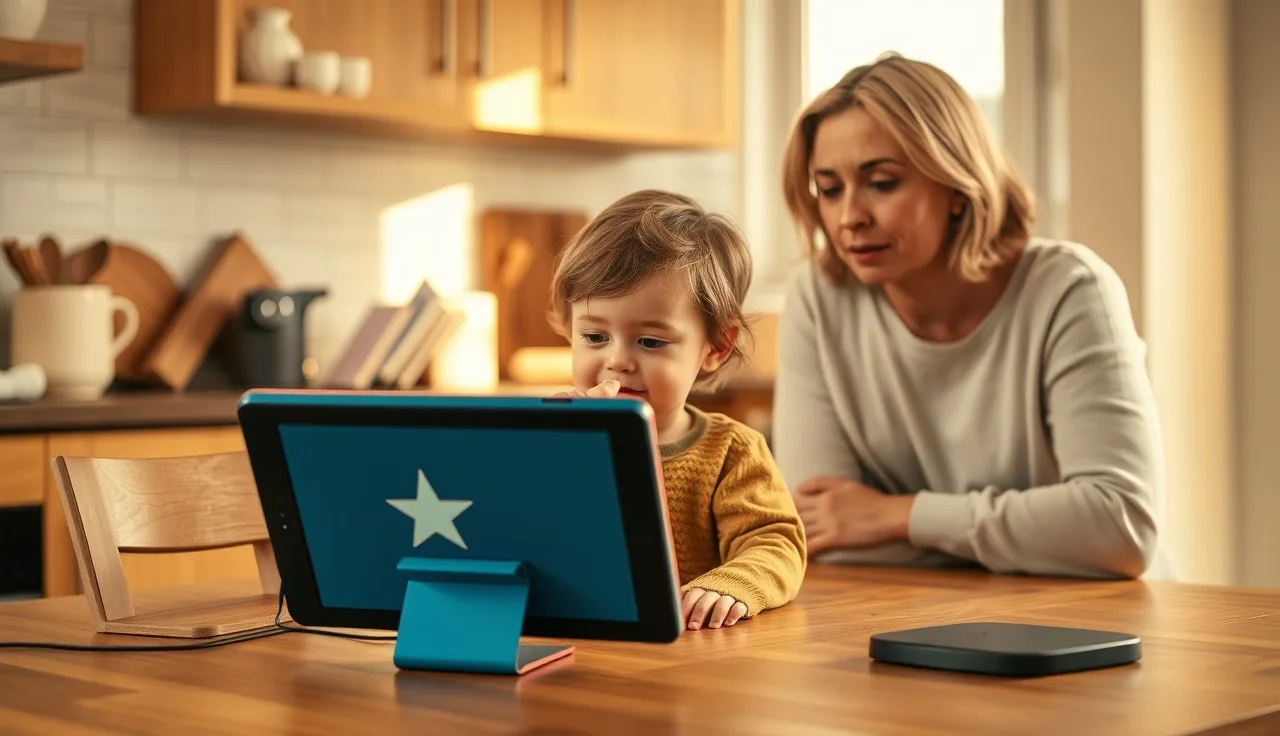 Young child pressing AAC tablet symbols at kitchen table with parent nearby