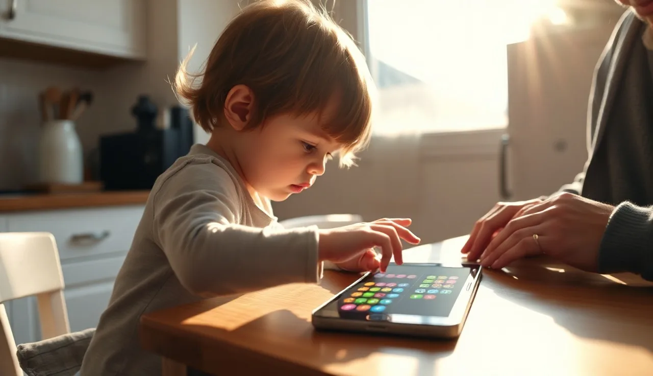 Young child tapping a symbol grid on an Android tablet at a kitchen table