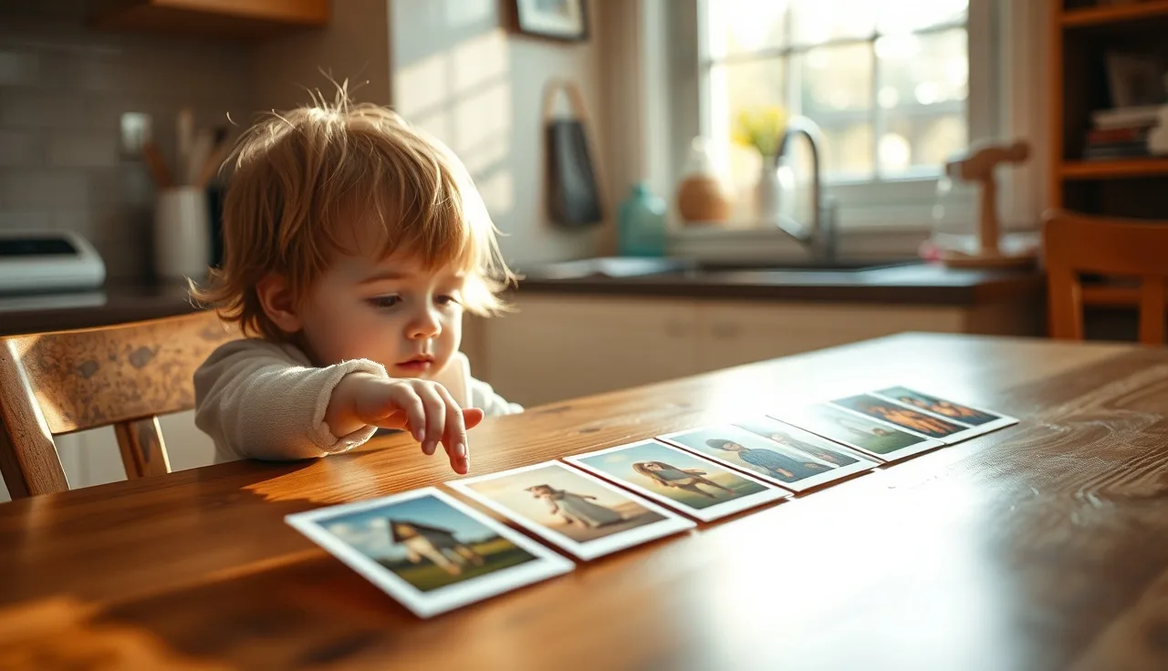 Young child pointing at laminated communication cards on a kitchen table