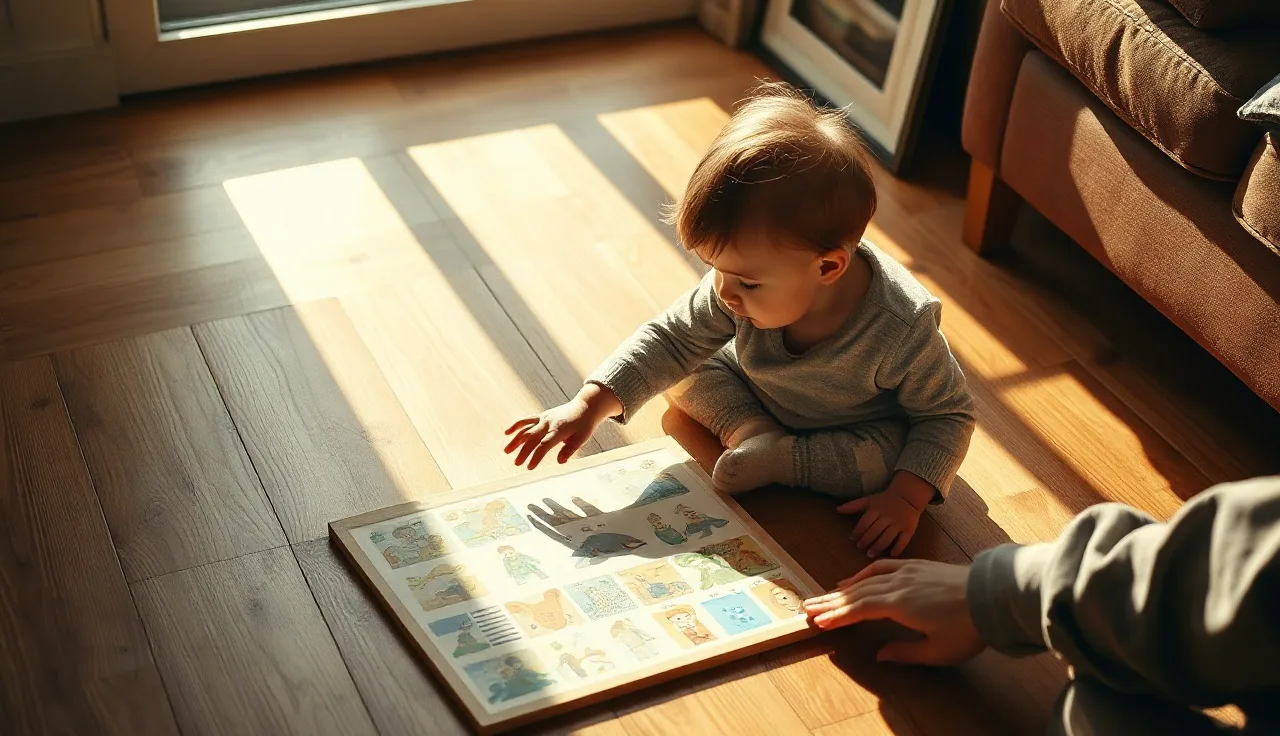Young child reaching toward a picture communication board on the floor at home