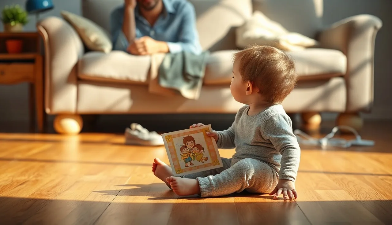Young autistic child holding a communication picture card during a home therapy session
