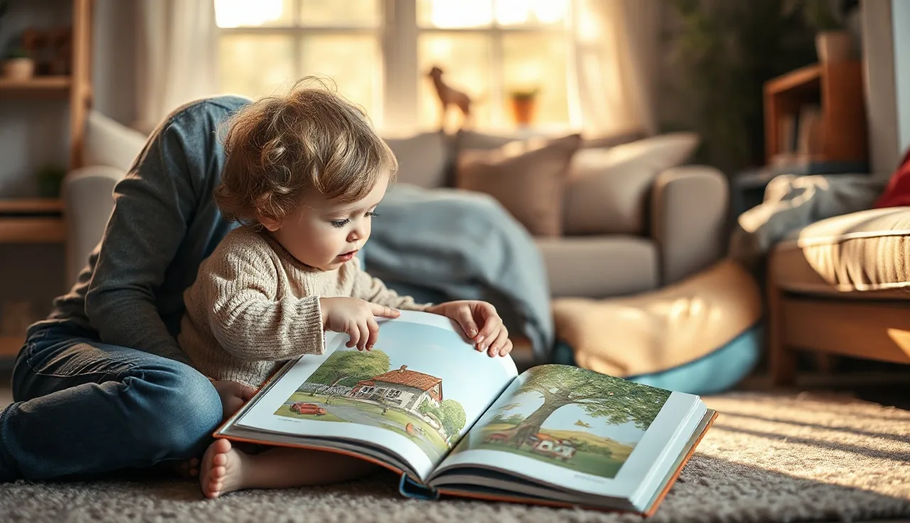 Parent and young child pointing together at a picture book on a living room floor