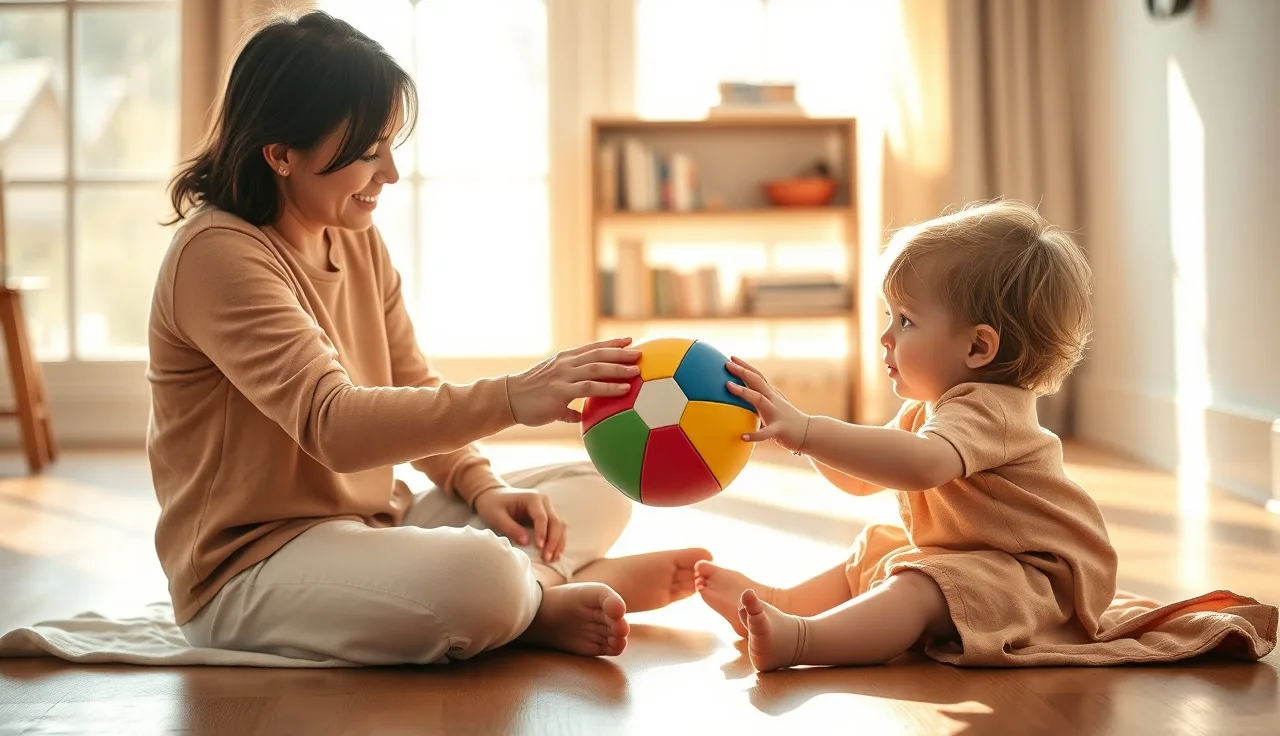 Parent and young child taking turns rolling a ball on a wooden floor