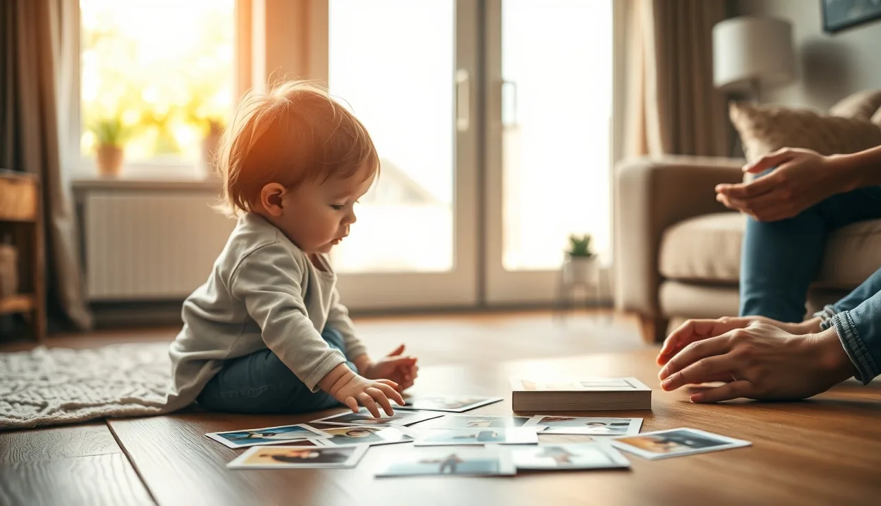 Young child reaching for picture communication cards on a living room floor