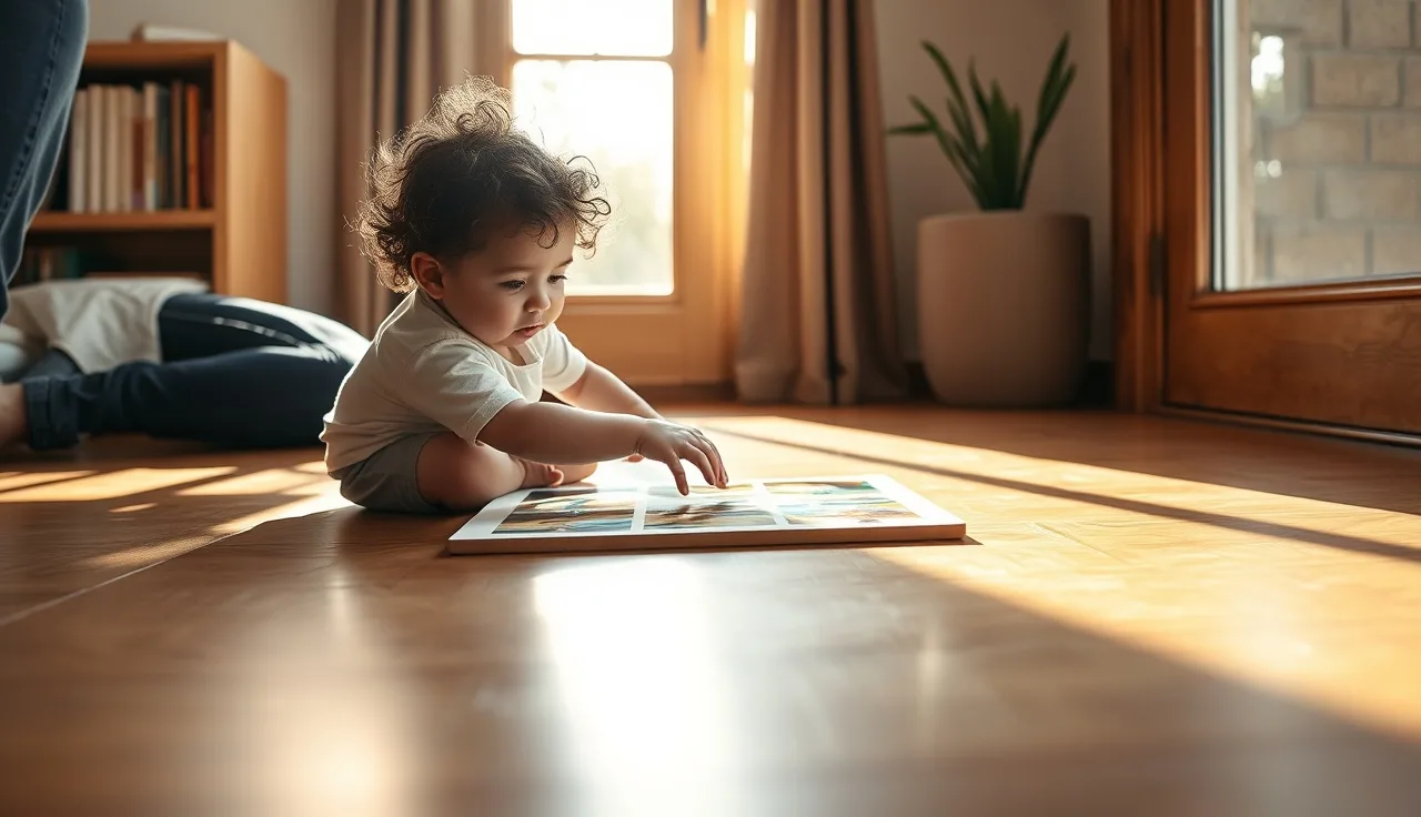 Child and parent using a picture communication board on a sunny floor