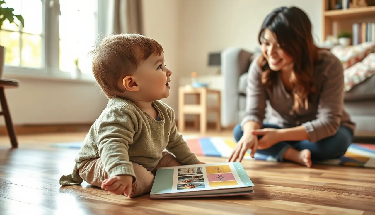 Child using a picture communication board with a parent in a sunlit living room