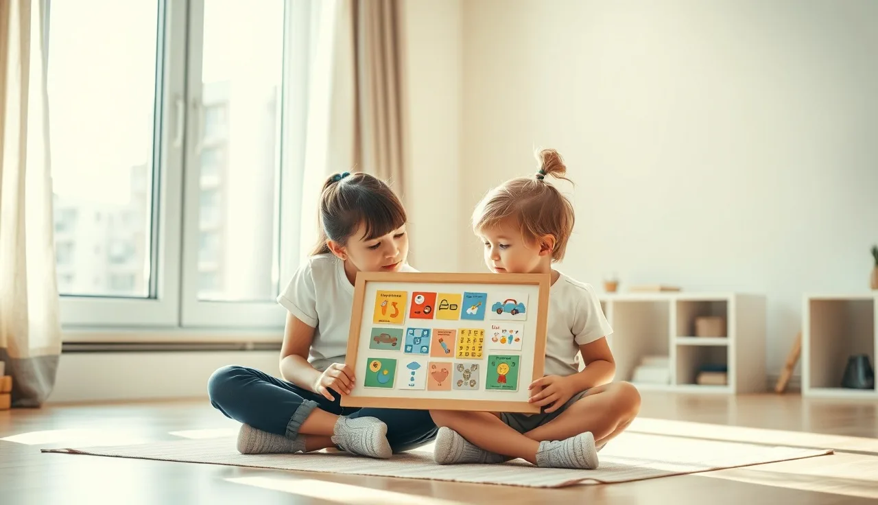 Child and therapist working together on communication picture board in sunlit room