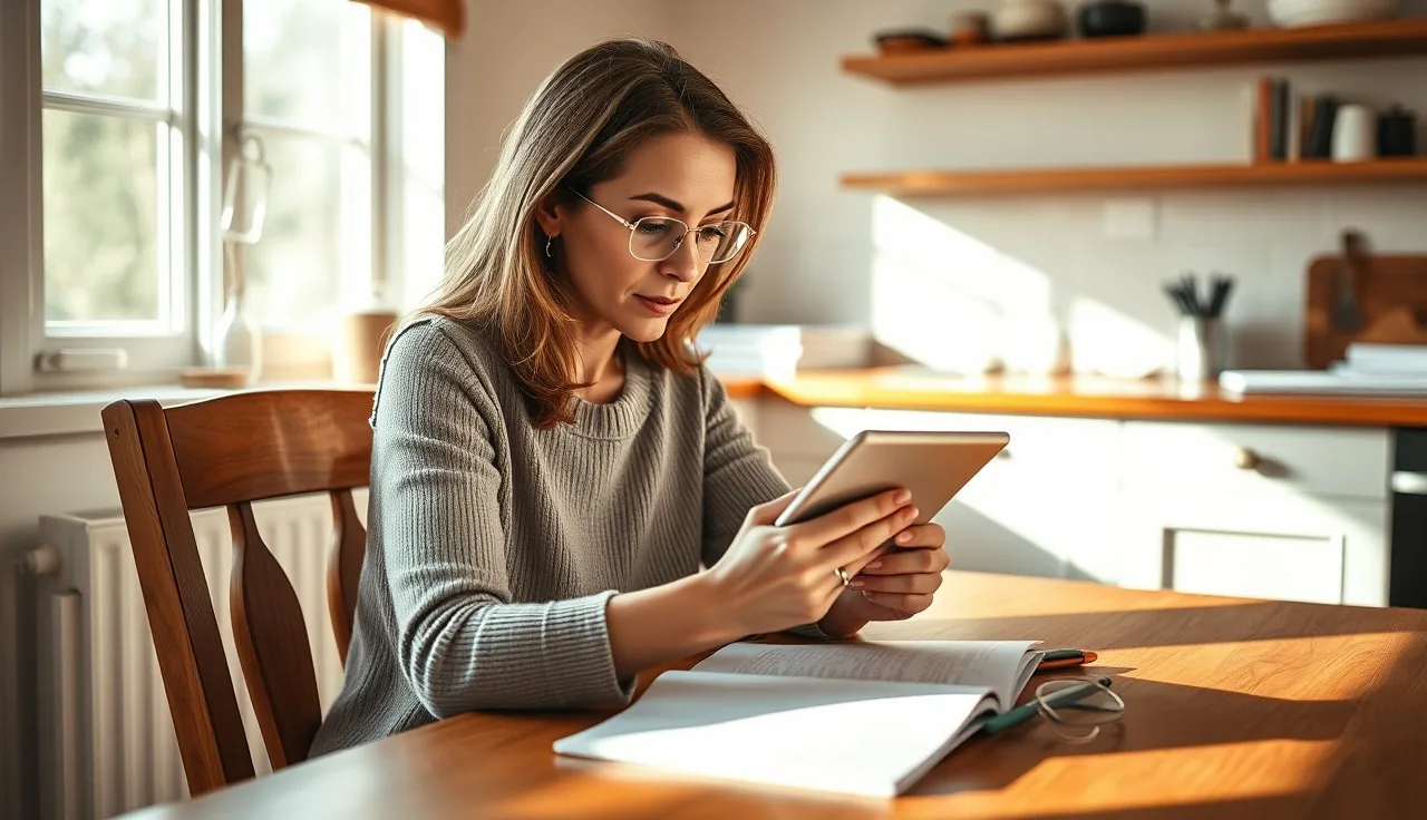Adult woman reviewing communication notes at kitchen table in morning light