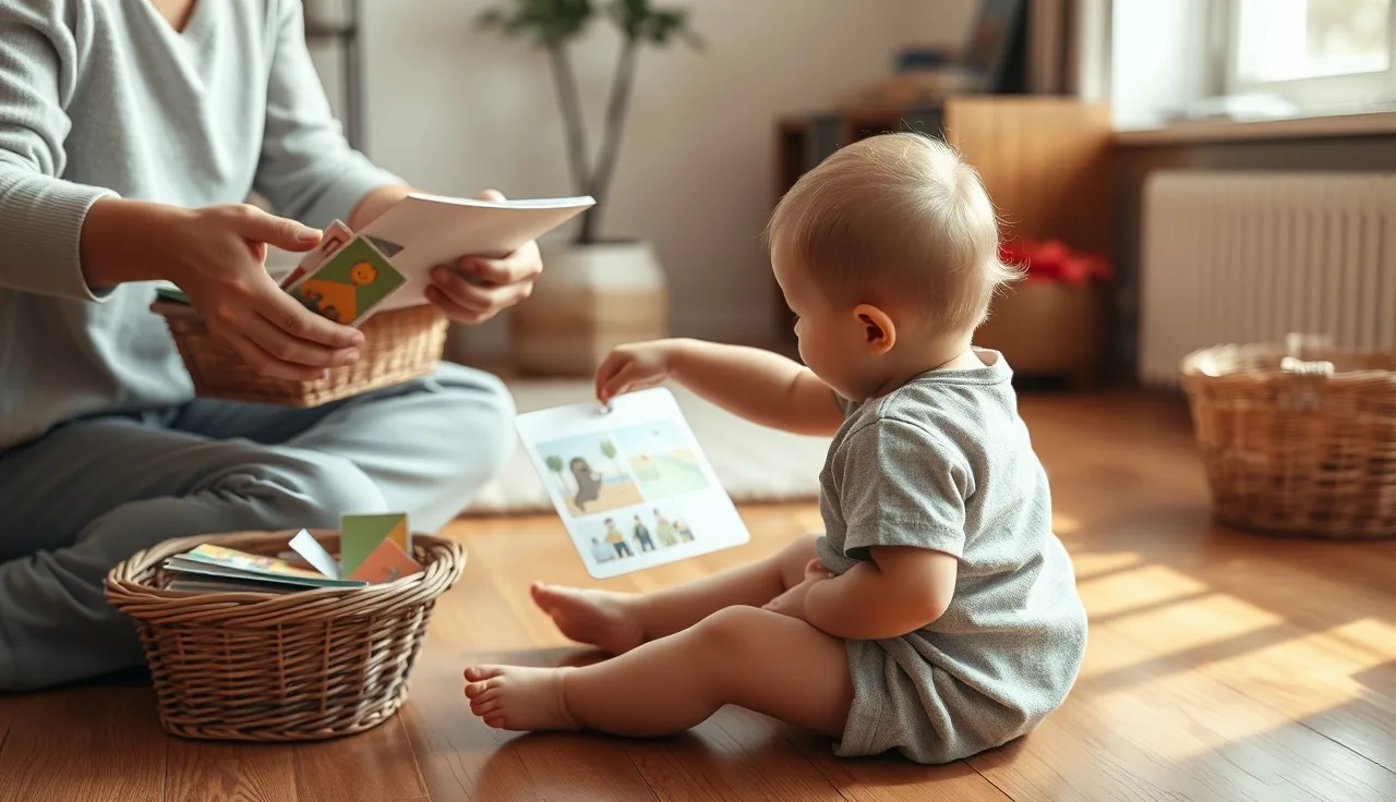 Child pointing to a communication card during an autism language session at home