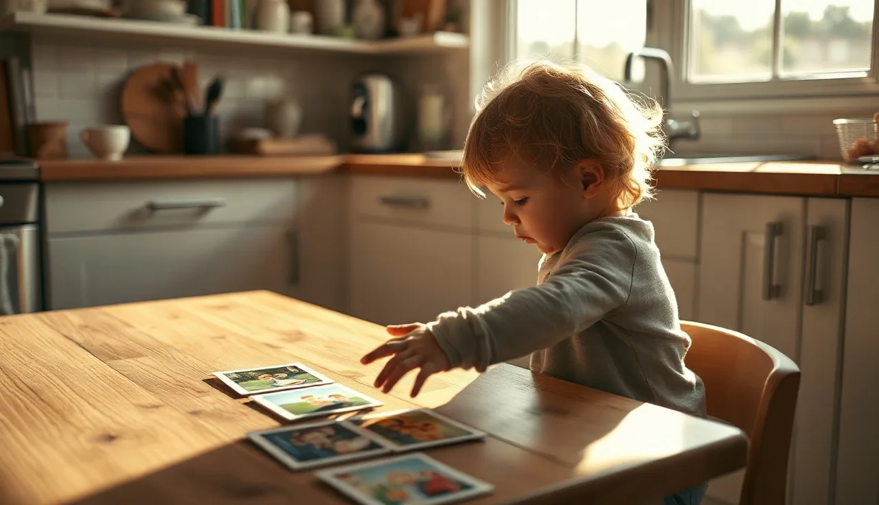 Young autistic child selecting a laminated communication symbol card at a kitchen table