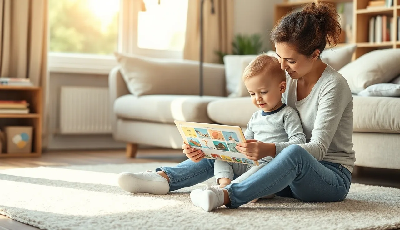 Child and caregiver looking at picture communication board on living room floor