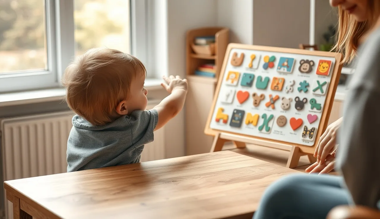 Child pointing to a picture symbol board for autism communication at home