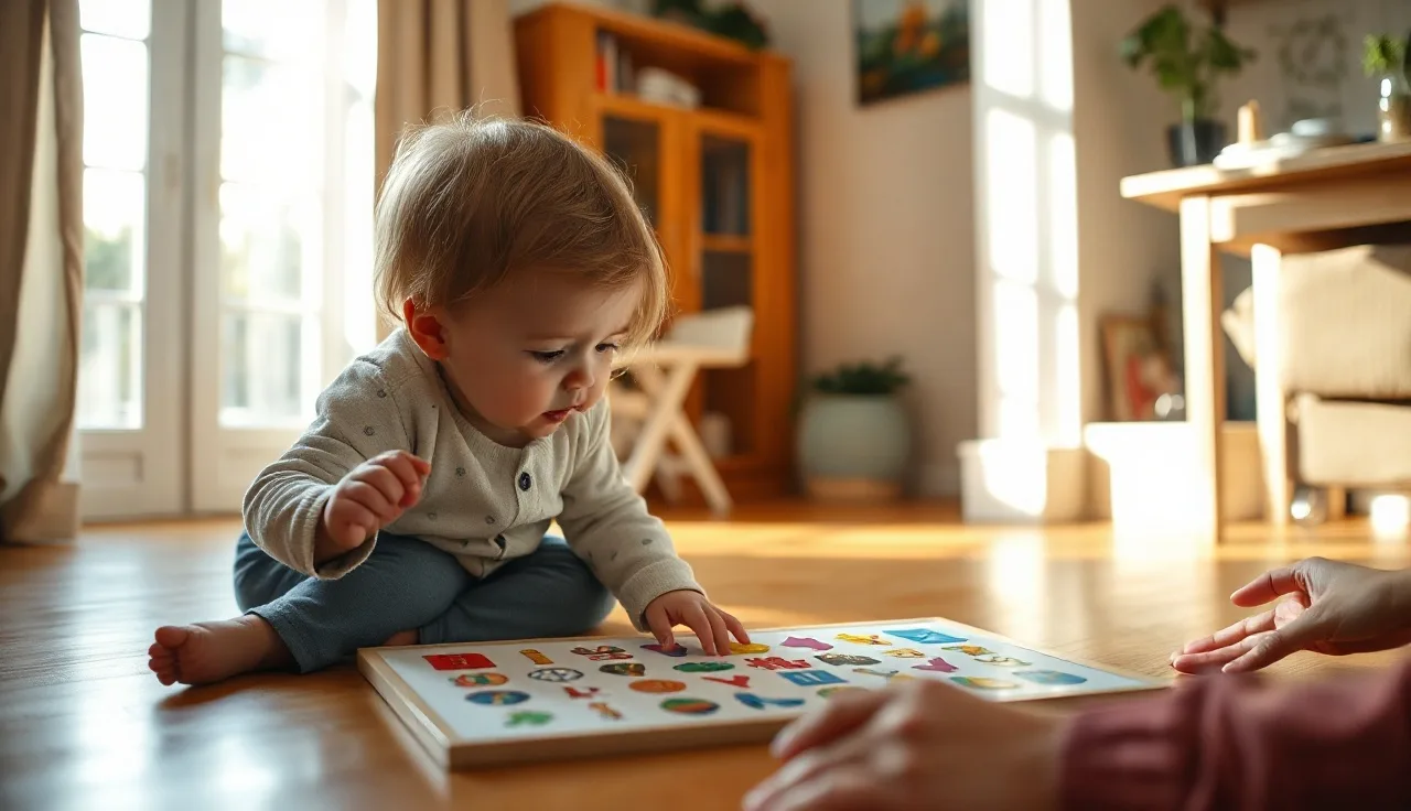 Young child pointing at a visual communication board on a sunlit floor
