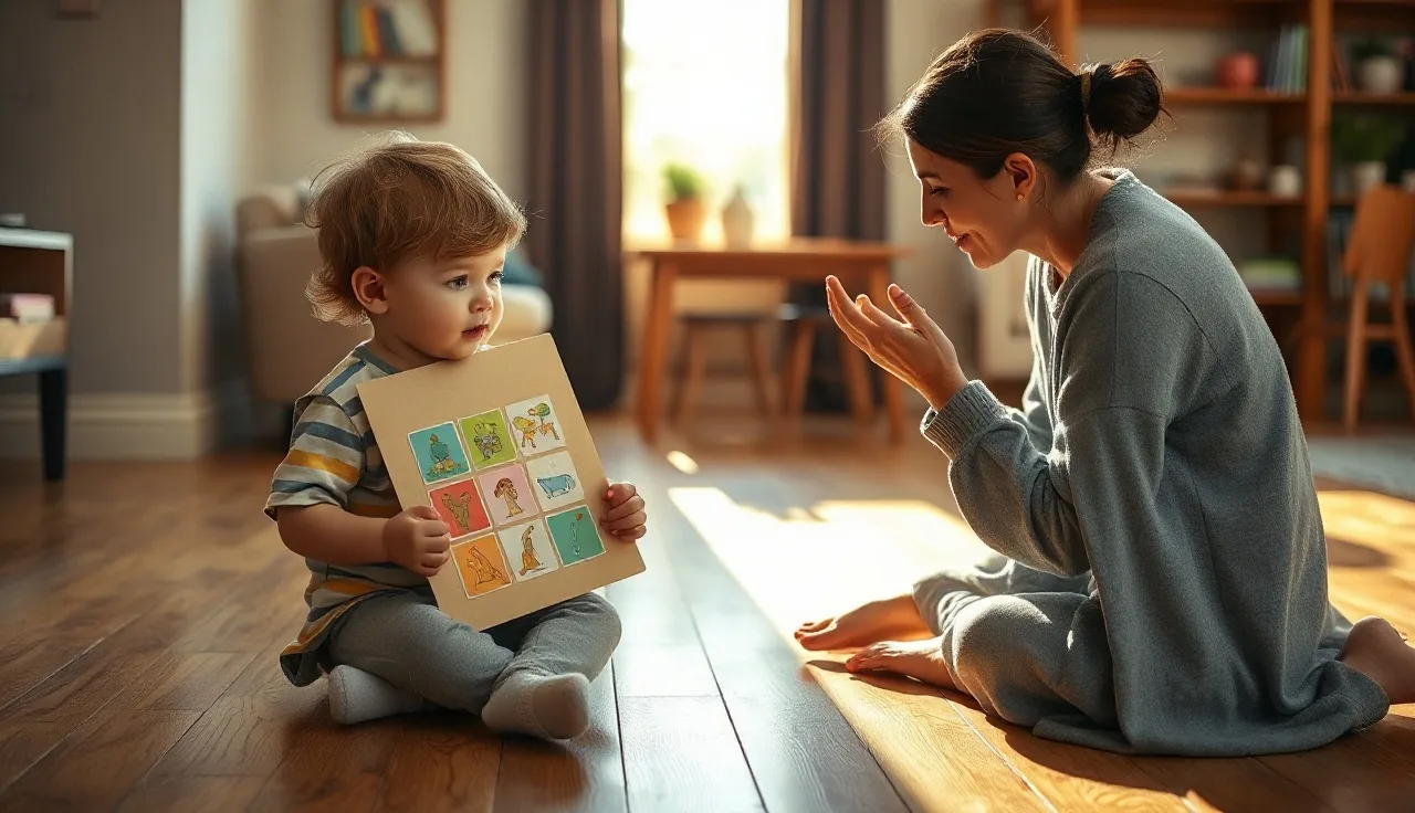 Young child using a picture communication board with a parent nearby