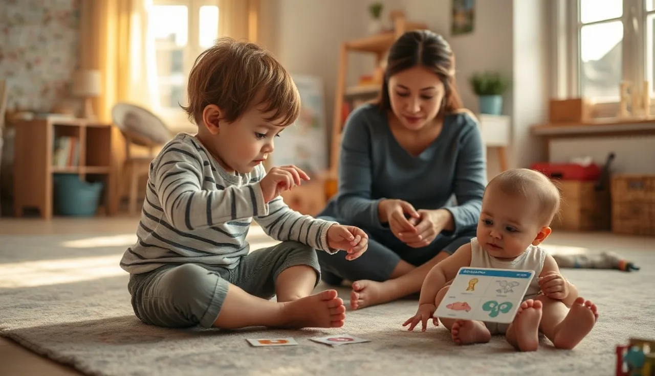 Toddler and therapist on playroom floor during early autism speech session