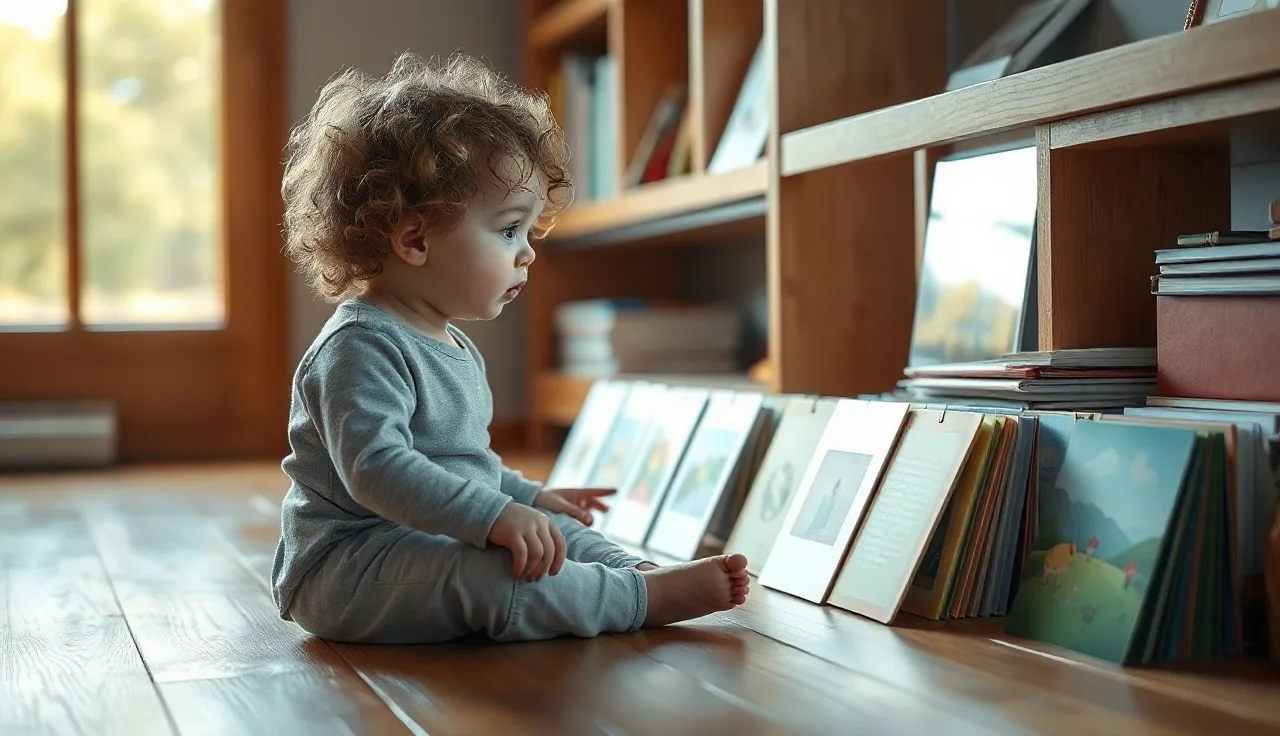 Young autistic child selecting from colorful communication picture cards on a low shelf