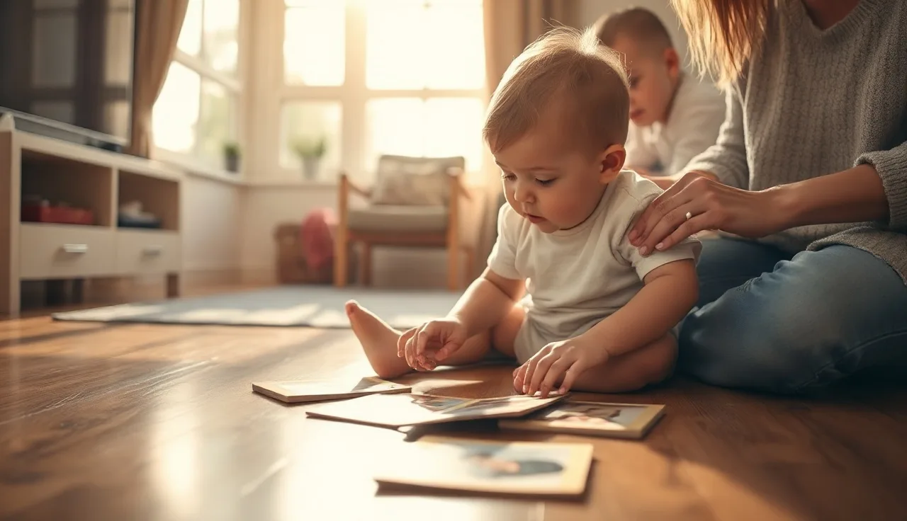 Young autistic child arranging picture communication cards on a wooden floor