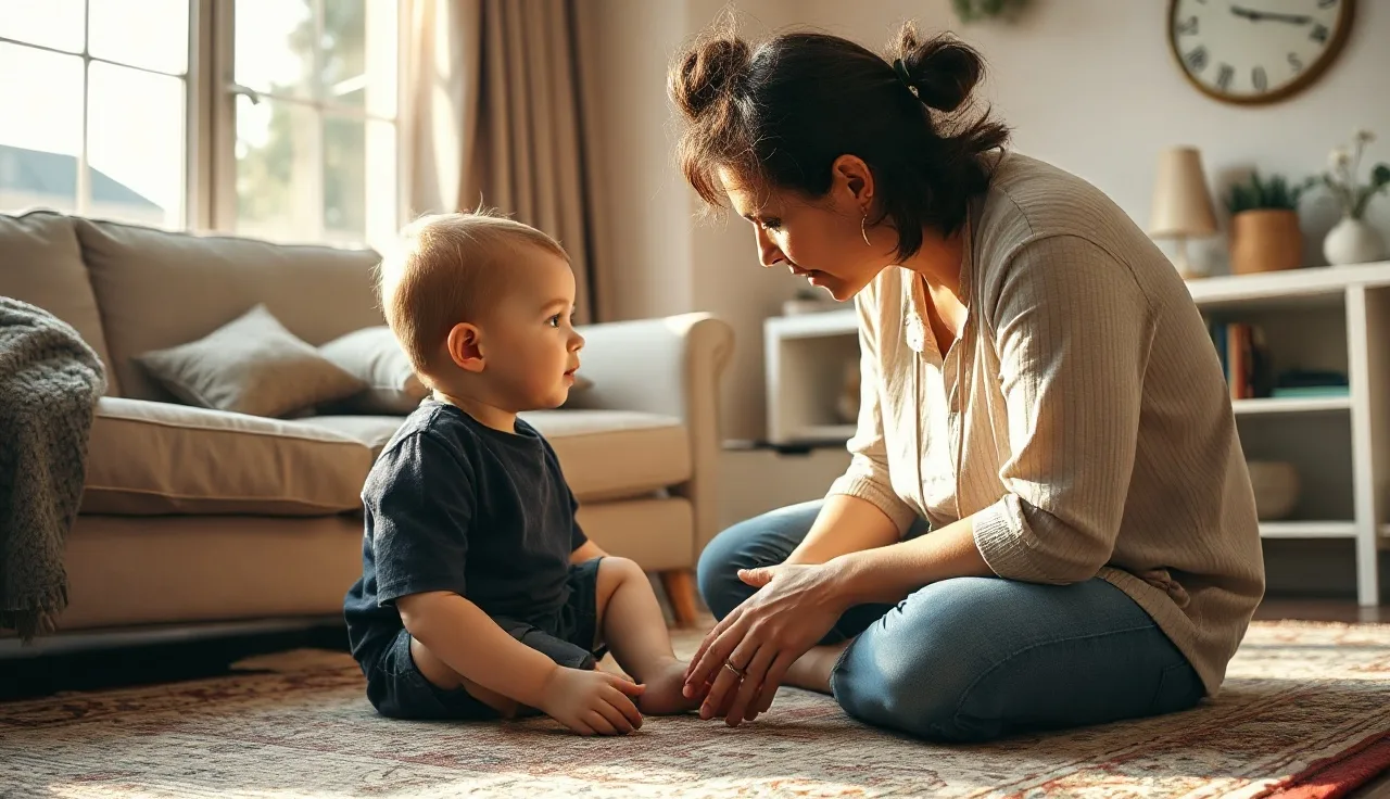 Young child and parent in conversation on a living room rug, warm afternoon light