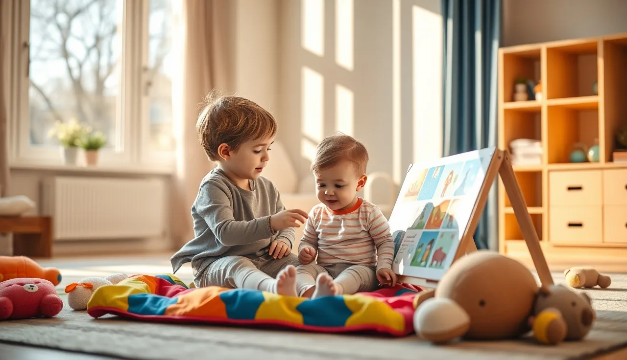Child and adult looking at a picture communication board during speech therapy session