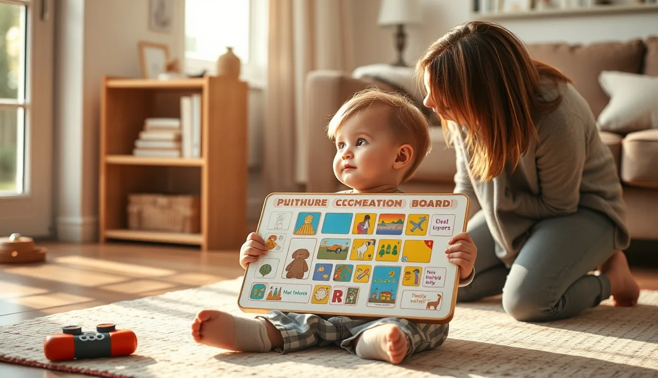 Child holding picture communication board while parent listens attentively at home