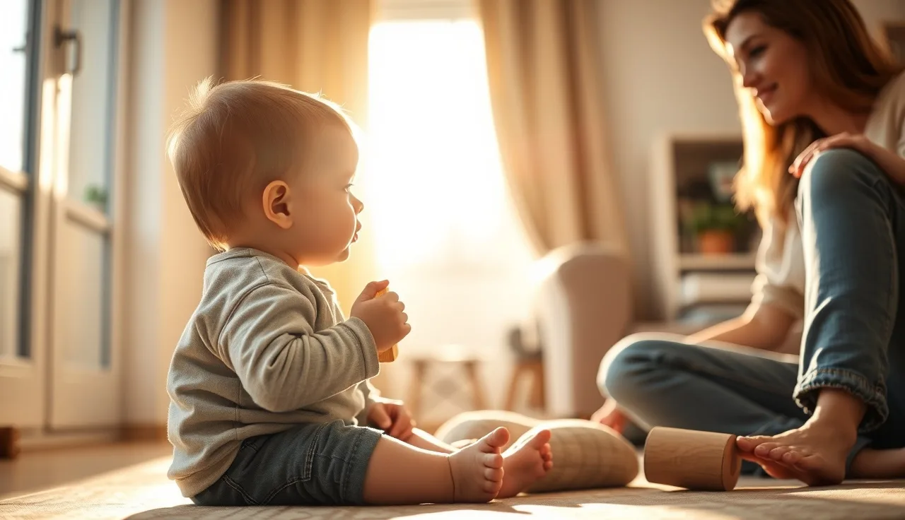 Toddler holding a wooden block on a sunlit floor while parent watches nearby