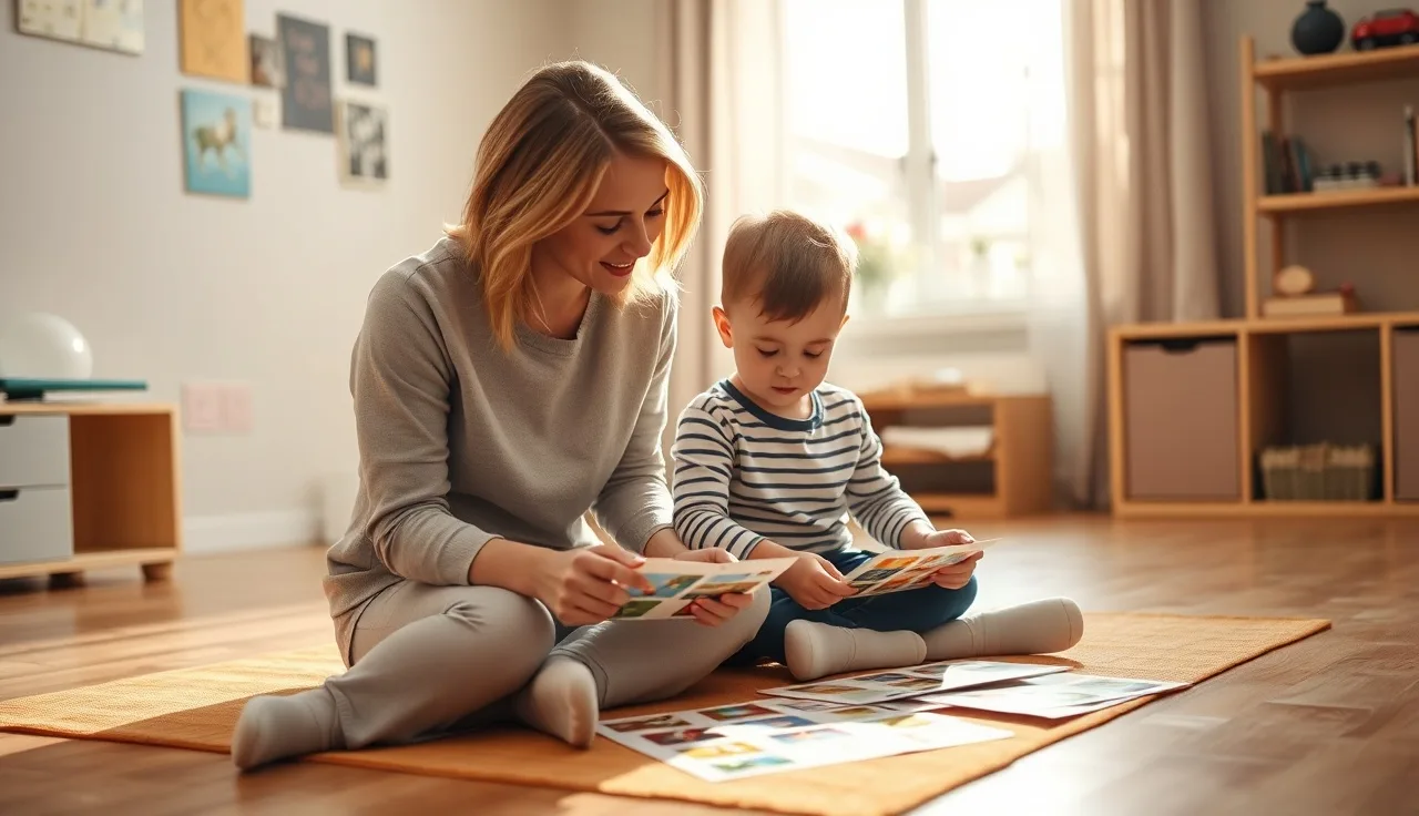 Child and speech therapist on playroom floor with picture cards for communication therapy