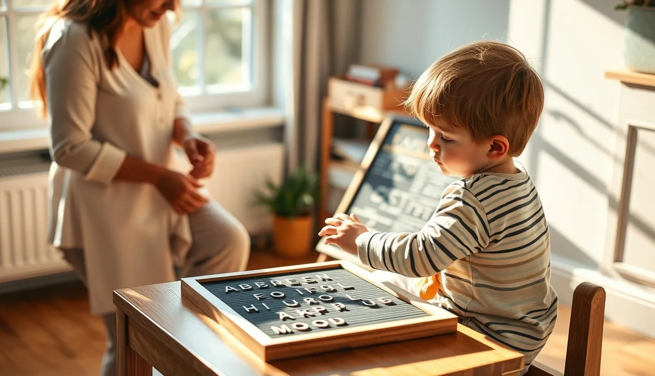 Child pointing at a letter board on a table with parent nearby