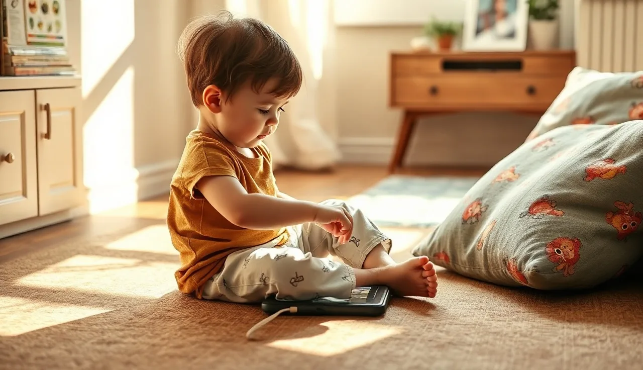 Young autistic child using a picture-based communication tablet on a playroom floor