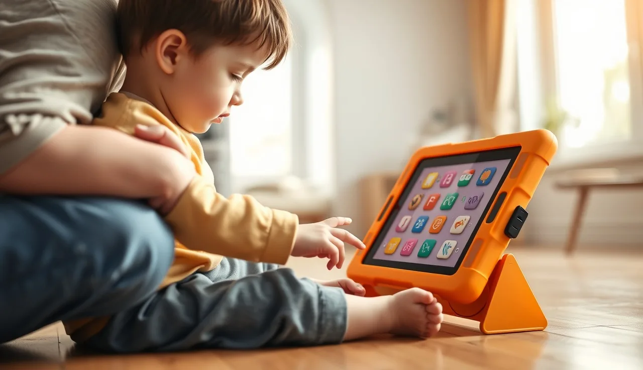 Young autistic child using a colorful AAC tablet device on a living room floor