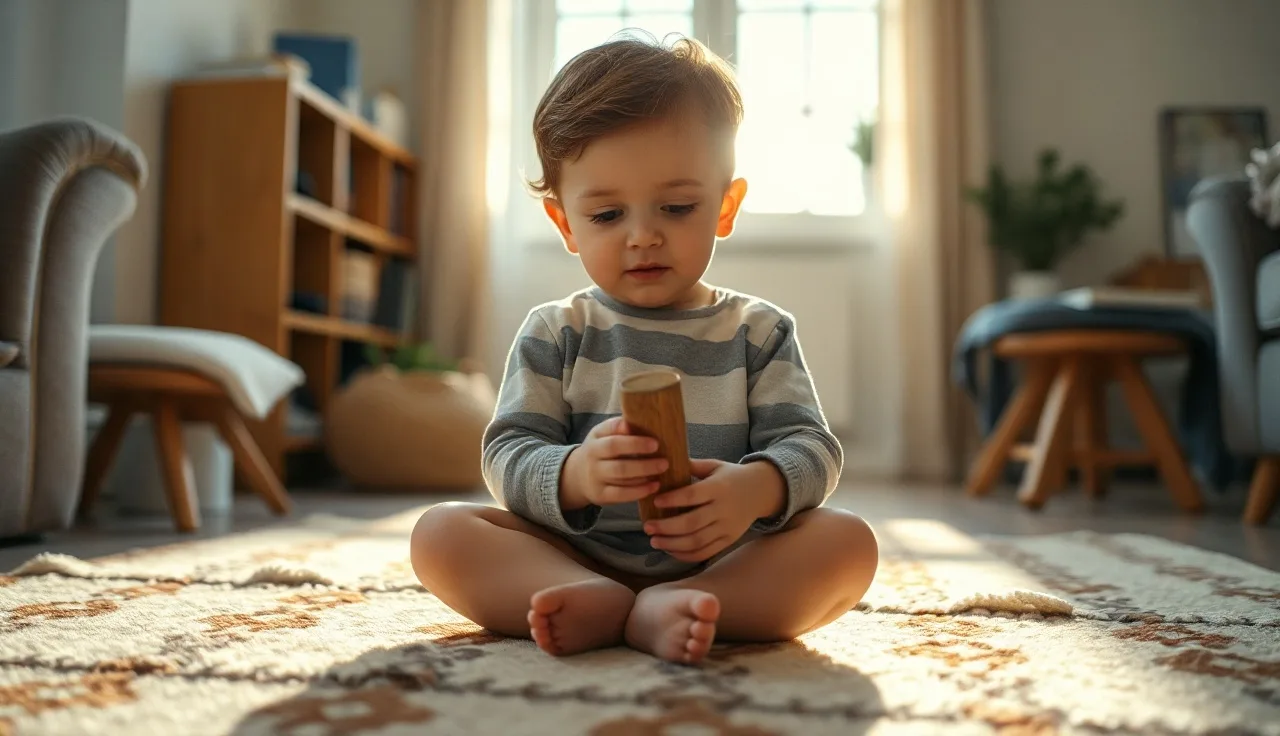 Young child speaking during play with a wooden toy in morning sunlight