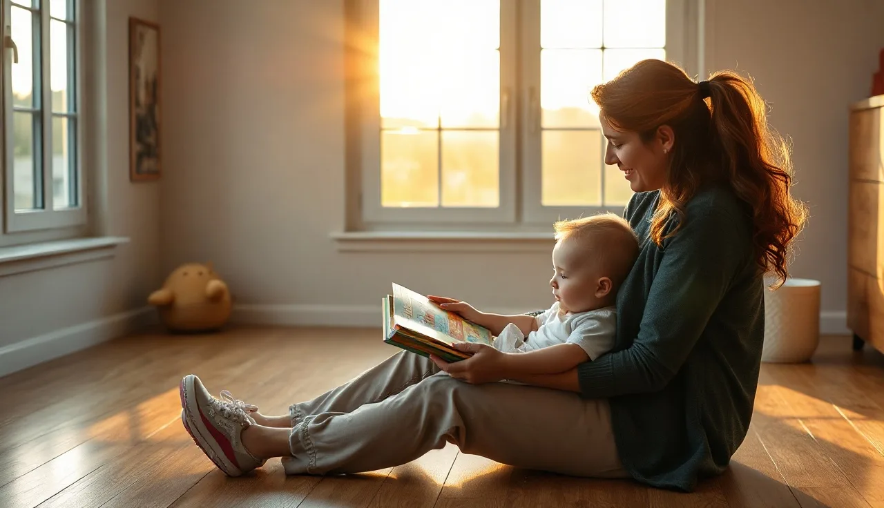 Caregiver and baby reading a board book together on a sunlit floor