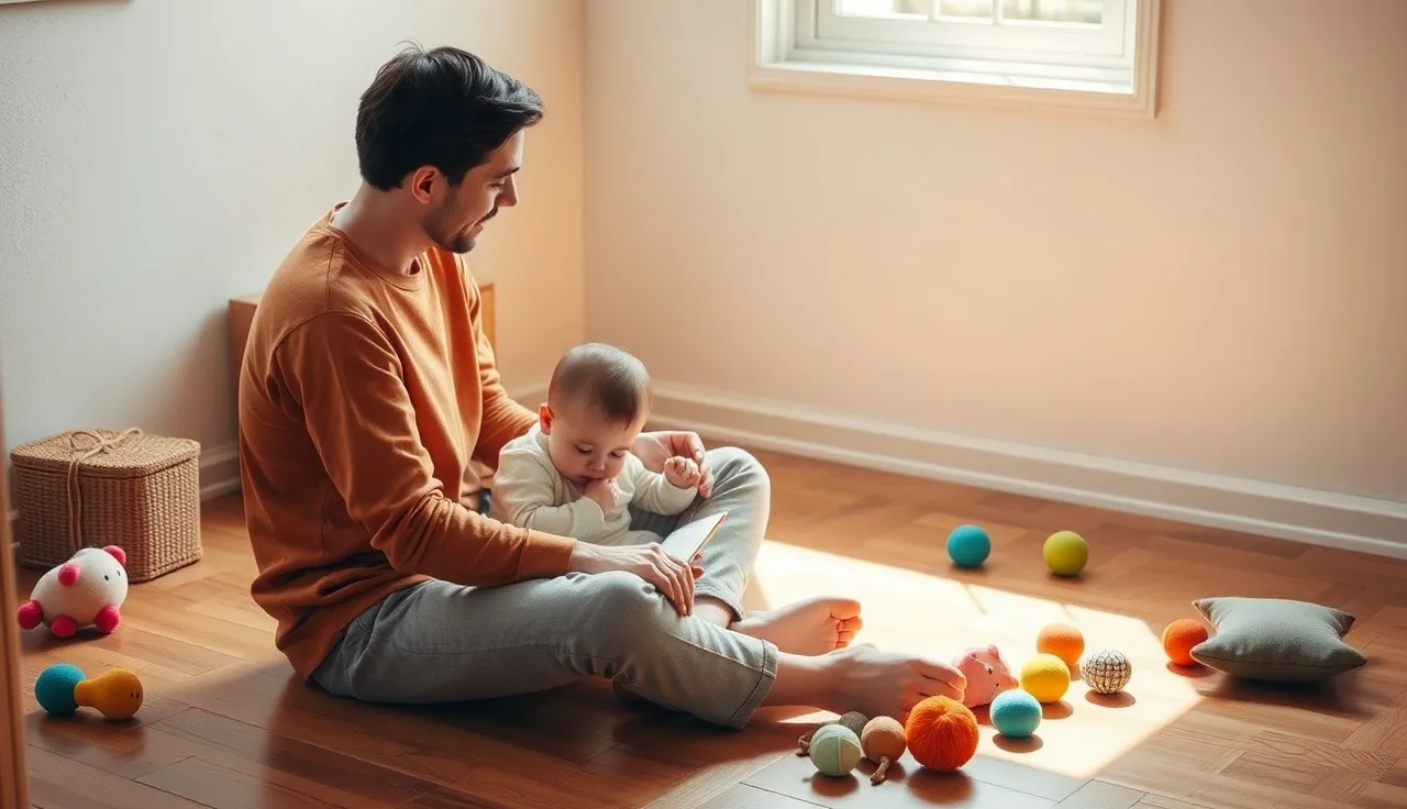 Parent and baby face-to-face on a sunny floor during early speech play