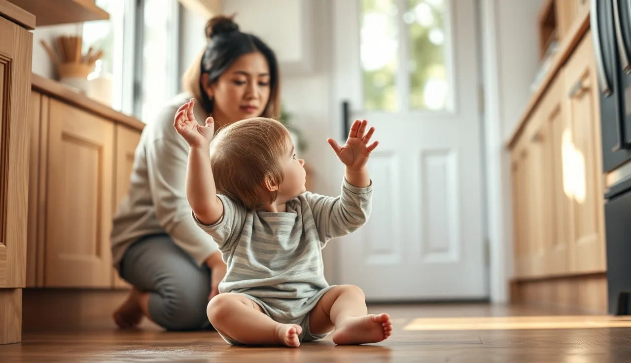 Parent kneeling beside a young child using gestures to communicate on a kitchen floor